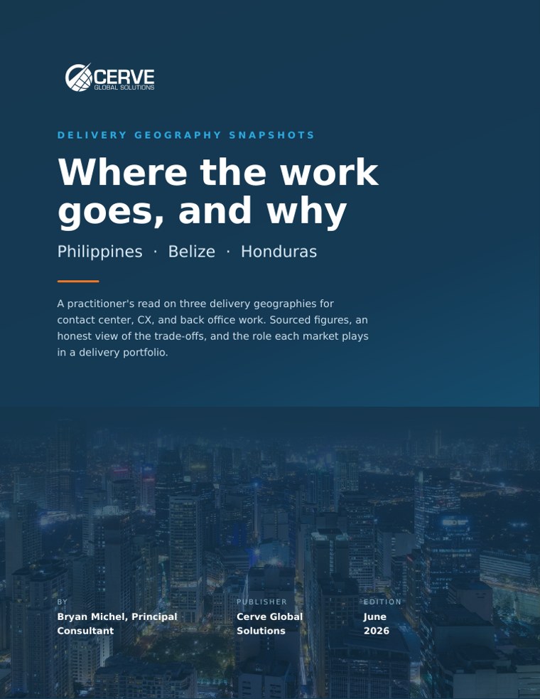 Cover of the Cerve Global Solutions paper, Where the work goes and why: Philippines, Belize, Honduras